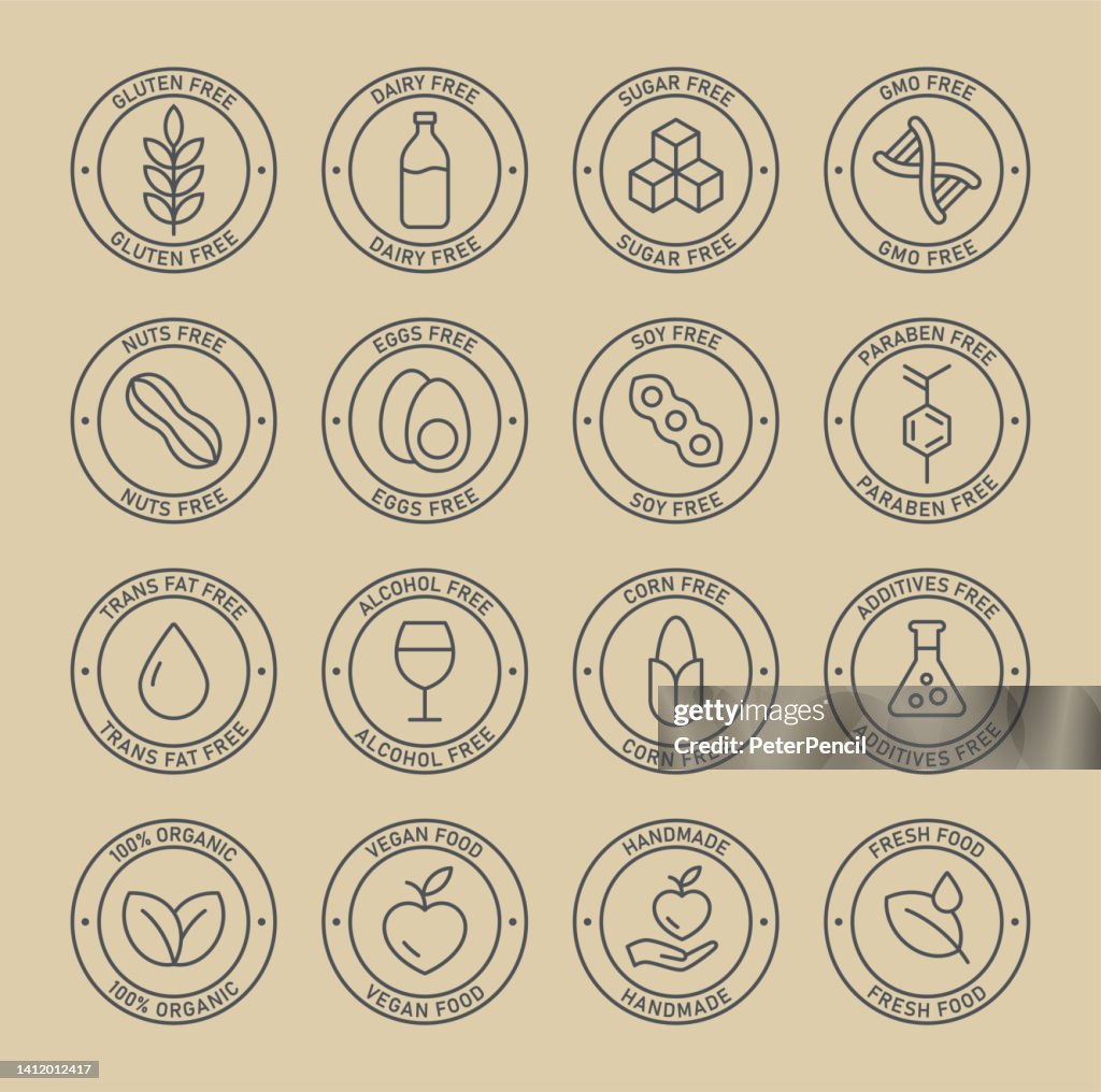 Natural Products. Allergens. Food Intolerance. Set of icons - Dairy Free, Gluten Free, Sugar Free, GMO Free, Nut Free, Paraben free. Vector illustration.
