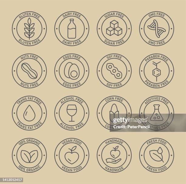 ilustrações de stock, clip art, desenhos animados e ícones de natural products. allergens. food intolerance. set of icons - dairy free, gluten free, sugar free, gmo free, nut free, paraben free. vector illustration. - modificação genética