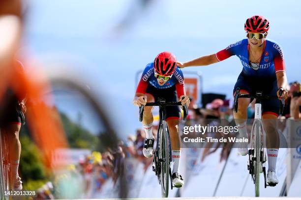 Maria Giulia Confalonieri of Italy and Kathrin Schweinberger of Austria and Ceratizit – Wnt Pro Cycling Team react after the 1st Tour de France...