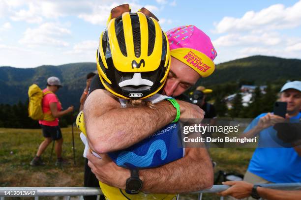 Stage and overall winner Annemiek Van Vleuten of Netherlands and Movistar Team - Yellow Leader Jersey celebrates with her mate after the 1st Tour de...