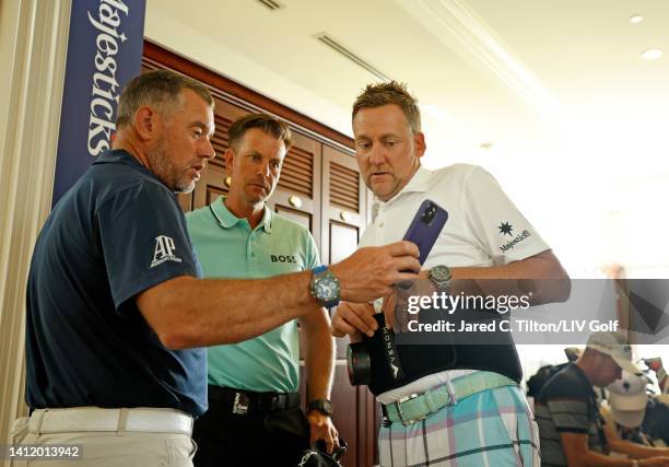 Team Captain Lee Westwood, Henrik Stenson and Ian Poulter of Majesticks GC are seen in the locker room during day three of the LIV Golf Invitational...