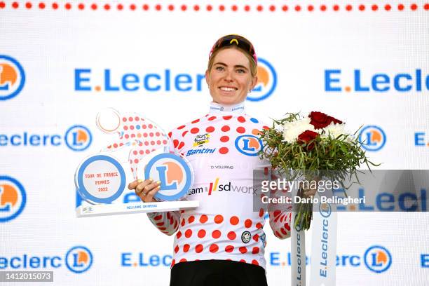 Demi Vollering of Netherlands and Team SD Worx - Polka Dot Mountain Jersey celebrates at podium during the 1st Tour de France Femmes 2022, Stage 8 a...