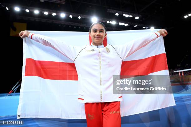 Silver medalist Ondine Achampong of Team England poses for a photo following the Women's All-Around Final on day three of the Birmingham 2022...