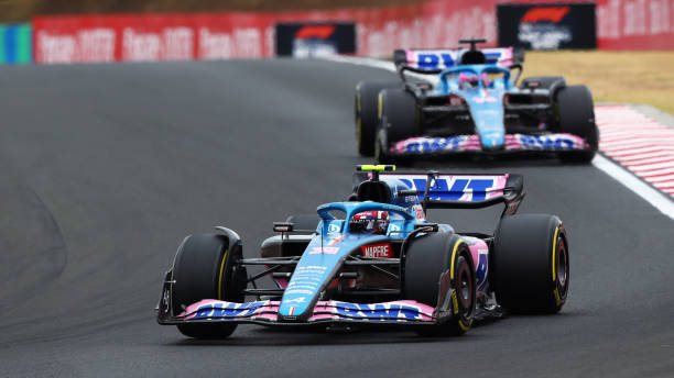 F1 Grand Prix of HungaryBUDAPEST, HUNGARY - JULY 31: Esteban Ocon of France driving the (31) Alpine F1 A522 Renault leads Fernando Alonso of Spain driving the (14) Alpine F1 A522 Renault during the F1 Grand Prix of Hungary at Hungaroring on July 31, 2022 in Budapest, Hungary. Alonso will make way for Pierre Gasly next season.