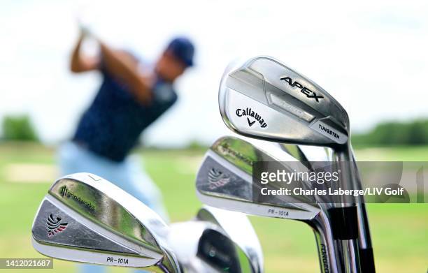 Detailed view of clubs are seen as Patrick Reed of 4 Aces GC plays a shot on the driving range during day three of the LIV Golf Invitational -...