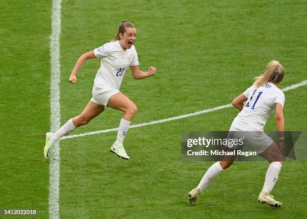 Ella Toone of England celebrates scoring their side's first goal with teammate Lauren Hemp during the UEFA Women's Euro 2022 final match between...