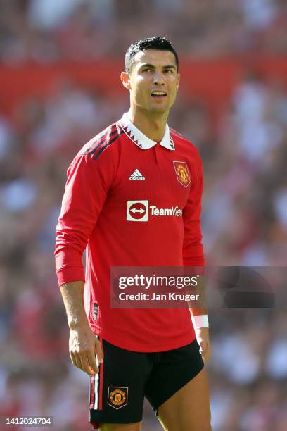 Christiano Ronaldo of Manchester United looks onduring the Pre-Season Friendly match between Manchester United and Rayo Vallecano at Old Trafford on...