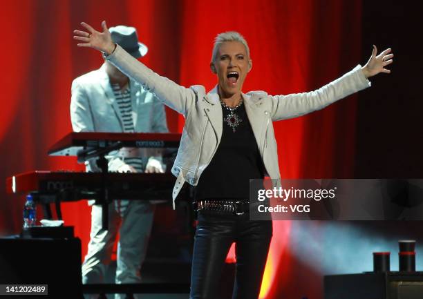 Marie Fredriksson of Roxette performs on stage at MasterCard Center on March 12, 2012 in Beijing, China.