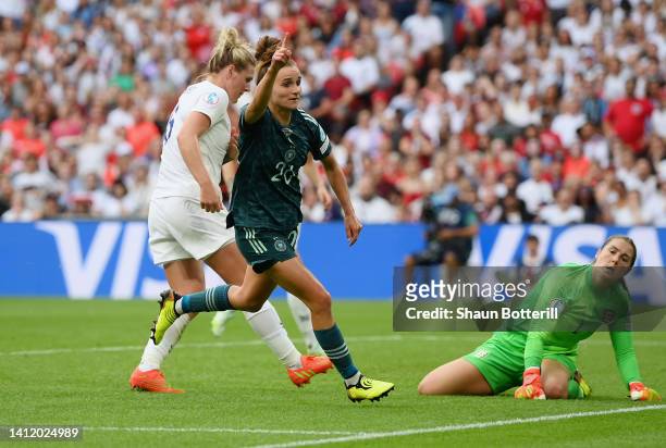 Lina Magull of Germany celebrates after scoring their side's first goal during the UEFA Women's Euro 2022 final match between England and Germany at...