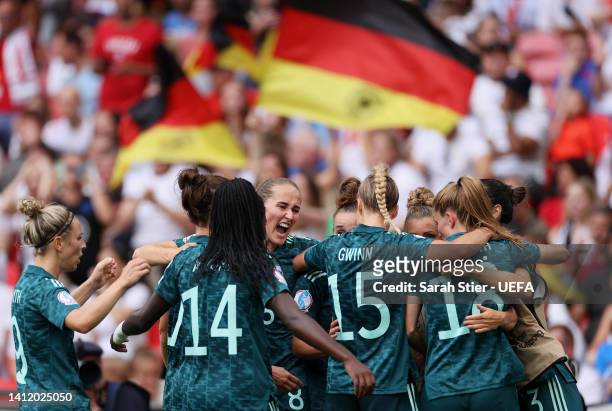 Lina Magull of Germany celebrates after scoring their team's first goal with team mates during the UEFA Women's Euro 2022 final match between England...