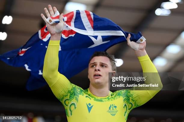 Matthew Richardson of Team Australia celebrates winning Gold in the Men's Sprint Track Cycling on day three of the Birmingham 2022 Commonwealth Games...