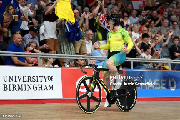 Matthew Richardson of Team Australia celebrates winning Gold in the Men's Sprint Track Cycling on day three of the Birmingham 2022 Commonwealth Games...