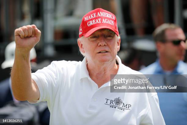 Former U.S. President Donald Trump is seen on the first tee during day three of the LIV Golf Invitational - Bedminster at Trump National Golf Club...
