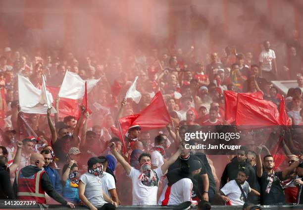 Rayo Vallecano fans cheer during the Pre-Season Friendly match between Manchester United and Rayo Vallecano at Old Trafford on July 31, 2022 in...