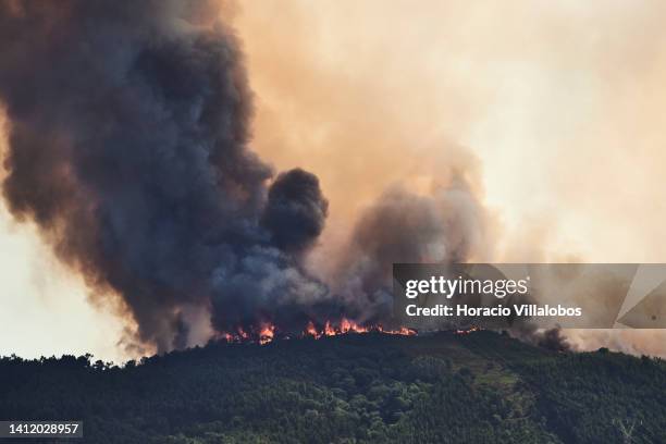 Large plume of smoke and flames are seen at a forest fire being fought by 321 firefighters, 84 vehicles and 9 specialized aircraft on July 31, 2022...