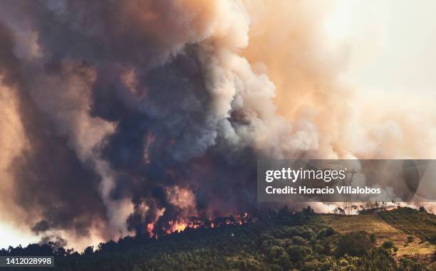 Large plume of smoke and flames are seen at a forest fire being fought by 321 firefighters, 84 vehicles and 9 specialized aircraft on July 31, 2022...