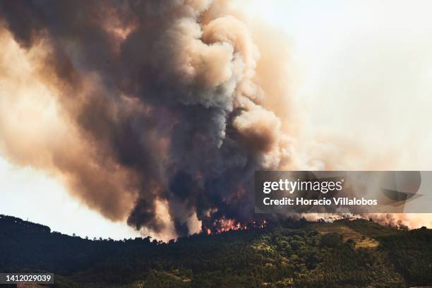 Large plume of smoke and flames are seen at a forest fire being fought by 321 firefighters, 84 vehicles and 9 specialized aircraft on July 31, 2022...