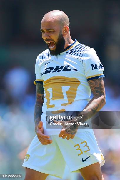 Dani Alves of Pumas UNAM reacts during the 6th round match between Pumas UNAM and Monterrey as part of the Torneo Apertura 2022 Liga MX at Olimpico...