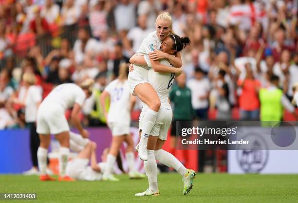 Alex Greenwood celebrates with Lucy Bronze of England after Chloe Kelly of England scores their side's second goal during the UEFA Women's Euro 2022...