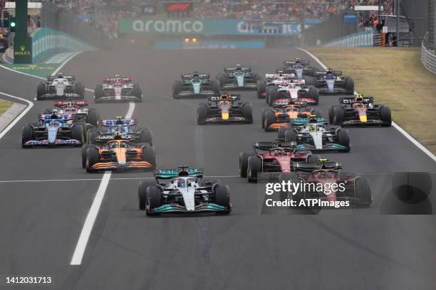 George Russell of Great Britain, Mercedes AMG F1 Team driver in action during the F1 Grand Prix of Hungary at Hungaroring on July 31, 2022 in...