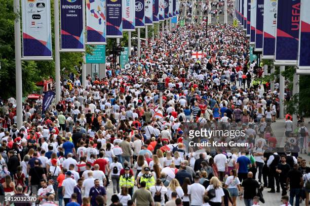 Fans along Wembley Park prior to the UEFA Women's Euro England 2022 final match between England and Germany at Wembley Stadium on July 31, 2022 in...