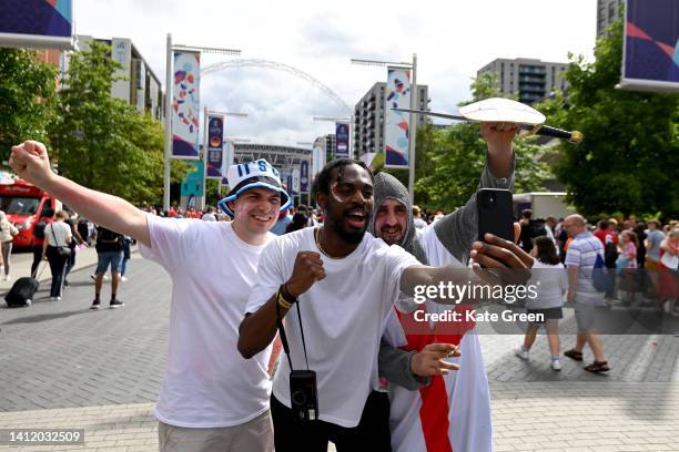 Fans along Wembley Park prior to the UEFA Women's Euro England 2022 final match between England and Germany at Wembley Stadium on July 31, 2022 in...