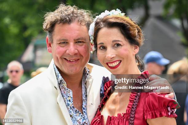 Fashion designer Lola Paltinger and her husband Andreas Meister attend the Dallmayr Cup on July 31, 2022 in Munich, Germany.