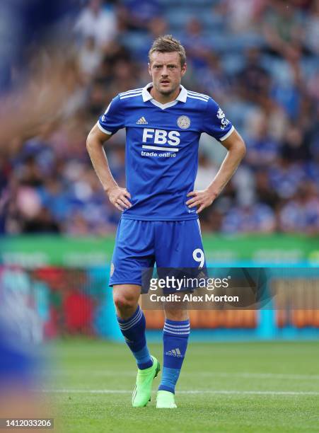 Jamie Vardy of Leicester during the pre-season match between Leicester City and Sevilla at The King Power Stadium on July 31, 2022 in Leicester,...