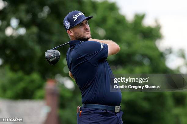 Taylor Pendrith of Canada plays his shot from the second tee during the final round of the Rocket Mortgage Classic at Detroit Golf Club on July 31,...