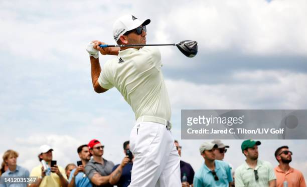 Team Captain Sergio Garcia of Fireballs GC plays his shot from the ninth tee during day three of the LIV Golf Invitational - Bedminster at Trump...