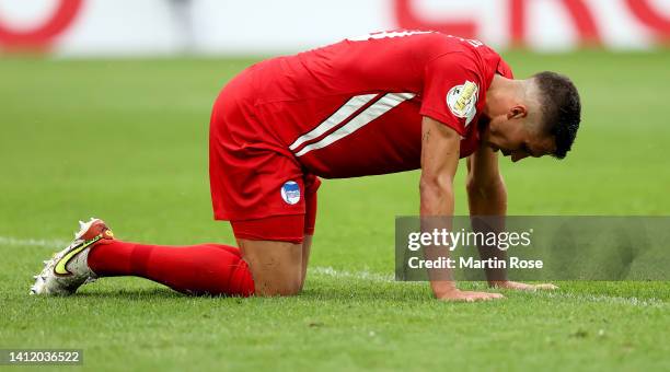 Marc Oliver Kempf of Hertha BSC reacts during the DFB Cup first round match between Eintracht Braunschweig and Hertha BSC at Eintracht Stadion on...