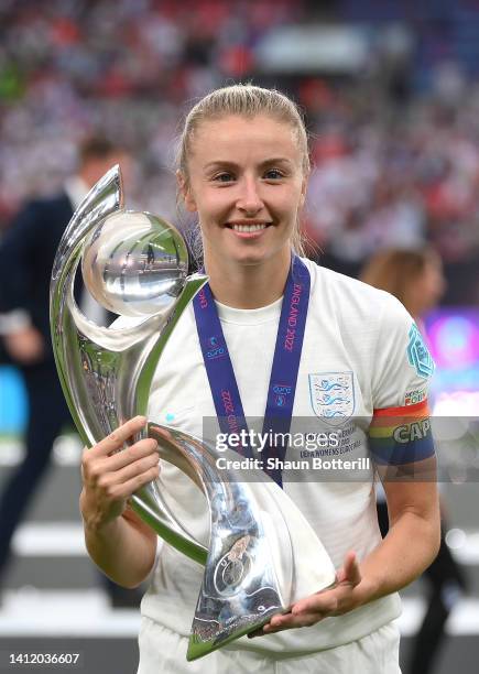 Leah Williamson of England lifts the UEFA Women's EURO 2022 Trophy after their side's victory during the UEFA Women's Euro 2022 final match between...