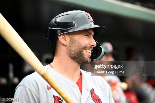 Paul Goldschmidt of the St. Louis Cardinals watches the game in the third inning against the Washington Nationals at Nationals Park on July 31, 2022...