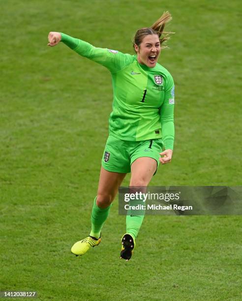 Mary Earps of England celebrates after the final whistle of the UEFA Women's Euro 2022 final match between England and Germany at Wembley Stadium on...