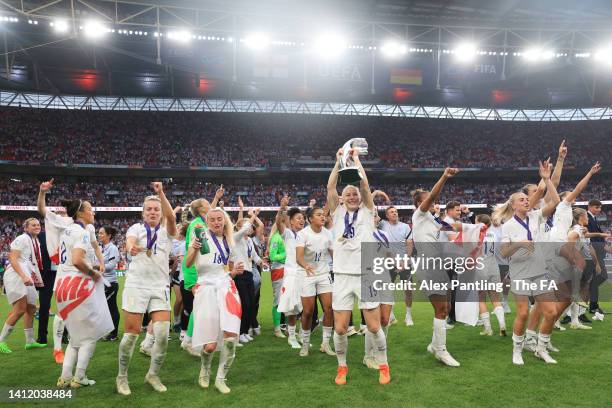 Bethany England of England celebrates with the UEFA Women’s EURO 2022 Trophy after their side's victory during the UEFA Women's Euro 2022 final match...