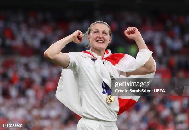 Leah Williamson of England celebrates after the 2-1 win during the UEFA Women's Euro 2022 final match between England and Germany at Wembley Stadium...