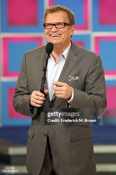 Host Drew Carey speaks during CBS' "The Bold and the Beautiful" Showcase on "The Price Is Right" television show on March 12, 2012 in Los Angeles,...