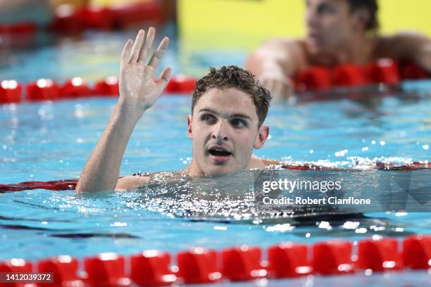 Lewis Clareburt of Team New Zealand celebrates after winning gold in the Men's 200m Butterfly Final on day three of the Birmingham 2022 Commonwealth...