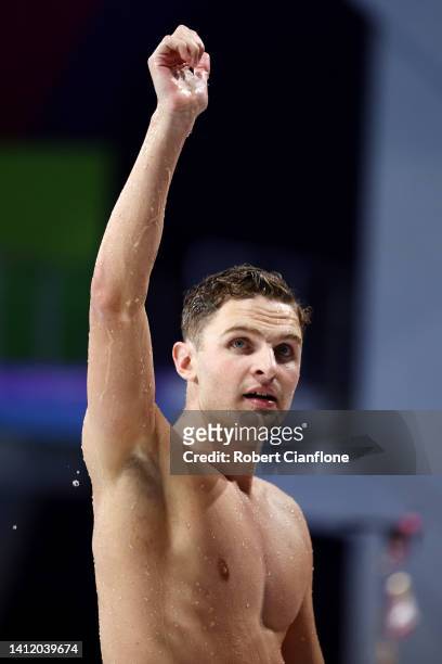 Lewis Clareburt of Team New Zealand celebrates after winning gold in the Men's 200m Butterfly Final on day three of the Birmingham 2022 Commonwealth...