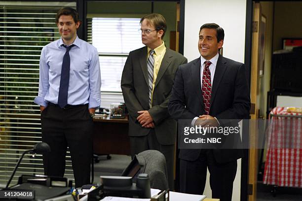 The Meeting" Episode 602 -- Pictured: John Krasinski as Jim Halpert, Rainn Wilson as Dwight Schrute, Steve Carell as Michael Scott -- Photo by: Trae...