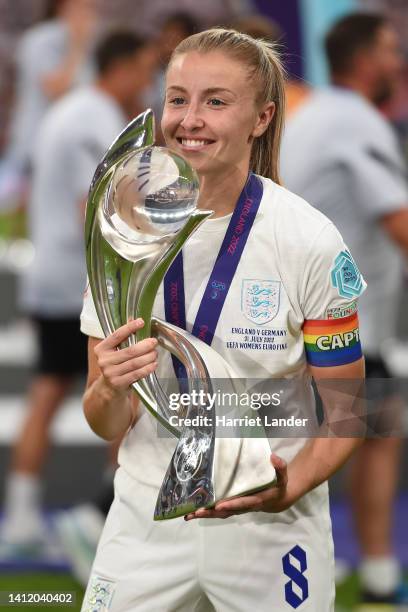 Leah Williamson of England celebrates with the UEFA Women’s EURO 2022 Trophy after the final whistle of the UEFA Women's Euro 2022 final match...