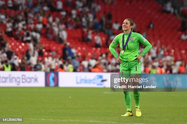 Mary Earps of England looks on as they celebrate after the final whistle of the UEFA Women's Euro 2022 final match between England and Germany at...