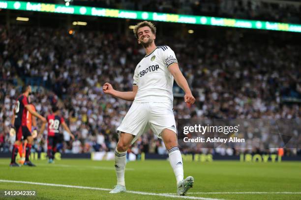 Patrick Bamford of Leeds United celebrates scoring a goal during the Pre-Season friendly match between Leeds United and Cagliari at Elland Road on...