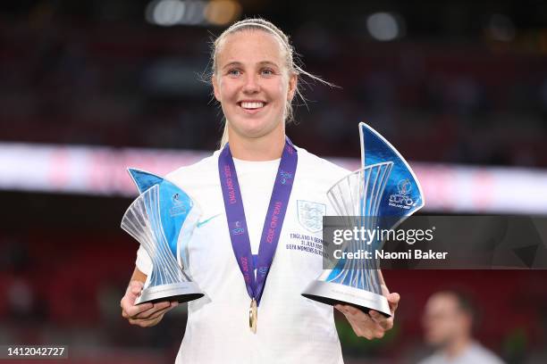 Beth Mead of England is awarded with the Top Goalscorer and Player of the Tournament awards after the final whistle of the UEFA Women's Euro 2022...