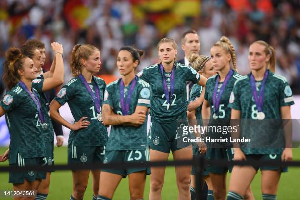Players of Germany looks dejected after the final whistle of the UEFA Women's Euro 2022 final match between England and Germany at Wembley Stadium on...