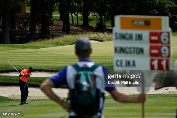 Jeev Milkha Singh of India in action during Day Three of The JCB Championship at JCB Golf & Country Club on July 31, 2022 in Uttoxeter, England.