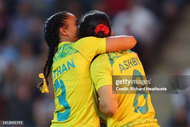 Faith Nathan and Madison Ashby of Team Australia celebrate during the Women's Gold Medal Match between Team Australia and Team Fiji on day three of...