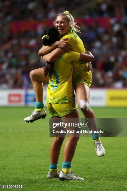 Sariah Paki and Teagan Levi of Team Australia celebrate during the Women's Gold Medal Match between Team Australia and Team Fiji on day three of the...