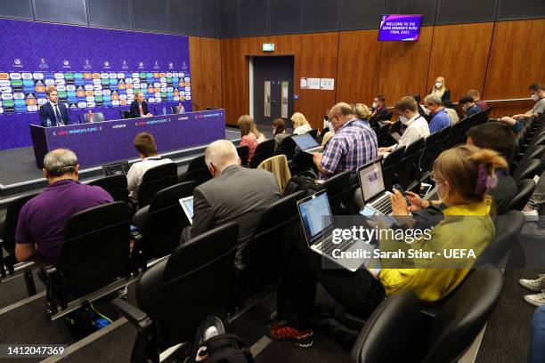 General view as Sarina Wiegman, Manager of England, speaks to the media during a Press Conference after the UEFA Women's Euro 2022 final match...