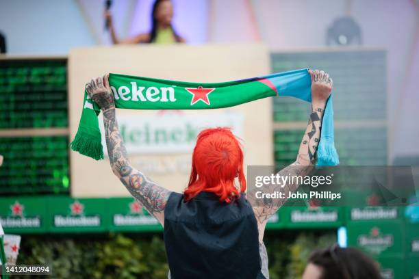 Fan with a Heineken scarf during the UEFA Women's EURO 2022 Final screening at the Heineken Greener Bar fan zone at The Truman Brewery on July 31,...